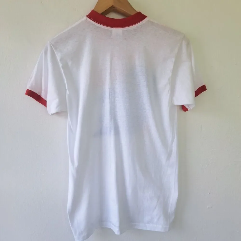Vintage Political Campaign Ringer TShirt 1984 Reagan Bush Whistle Tour FLAW READ